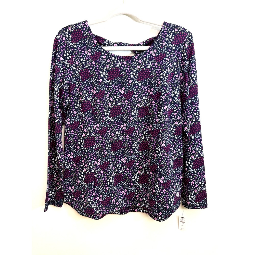 NWT Womens Talbots Blouse PETITE Large Blue Floral Print Pullover Long Sleeves
